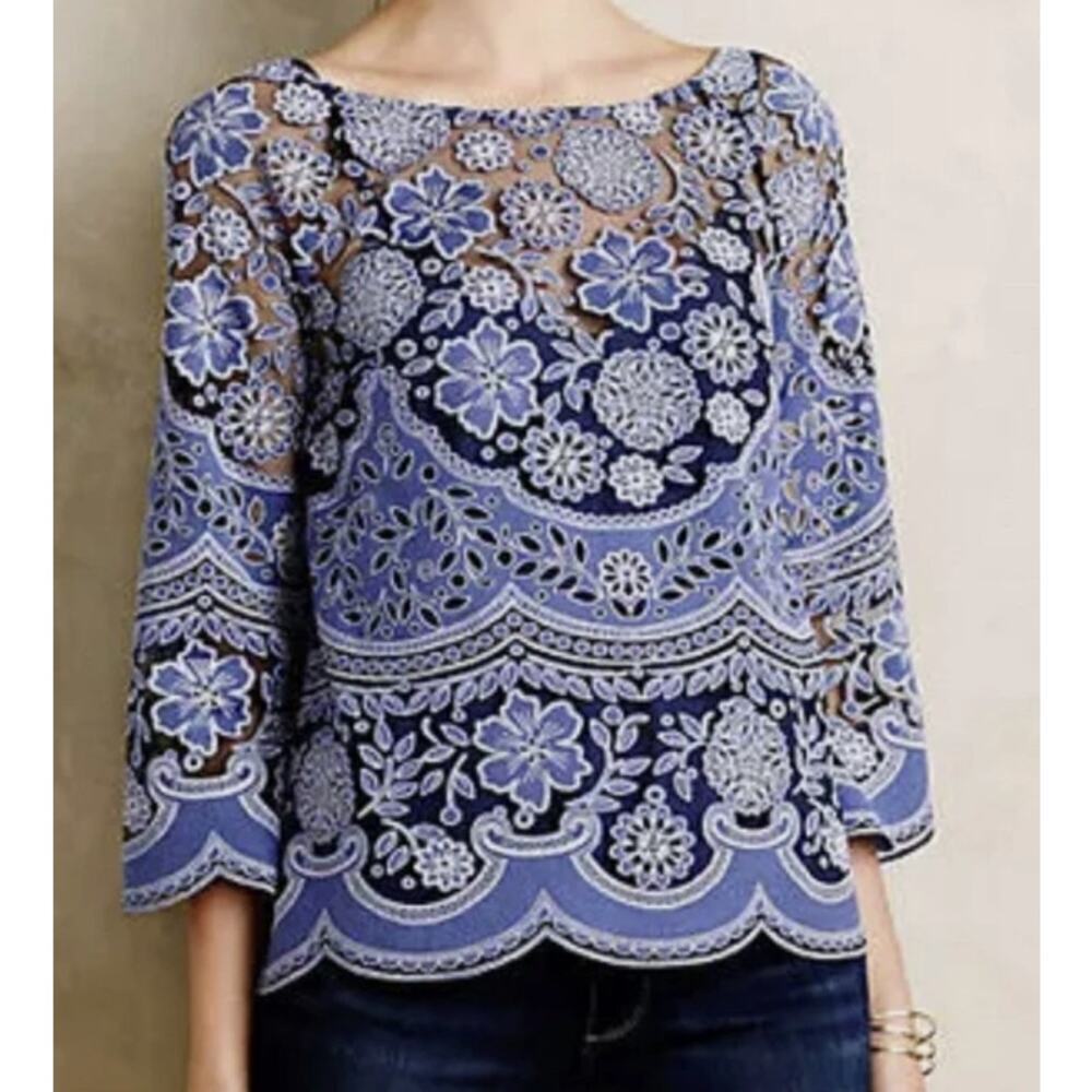 Anthropologie HD in ParisMontmartre Blouse Blue Long Sleeve 00 - Picture 2 of 7